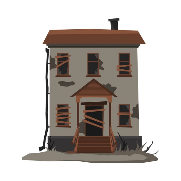 Scary House, Edificio abandonado de dos pisos con ventanas tapiadas Ilustración vectorial sobre fondo blanco — Vector de stock
