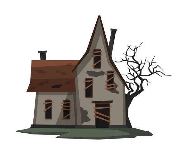 Scary Abandoned House, Halloween Haforted coage with Boarded Up Windows and Creghly Tree Vector Illustration on White Background — 스톡 벡터