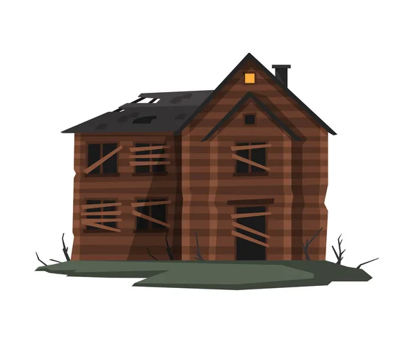 Casa de madera abandonada aterradora con ventanas tapiadas, Halloween embrujada Mansión antigua Vector Ilustración sobre fondo blanco — Vector de stock