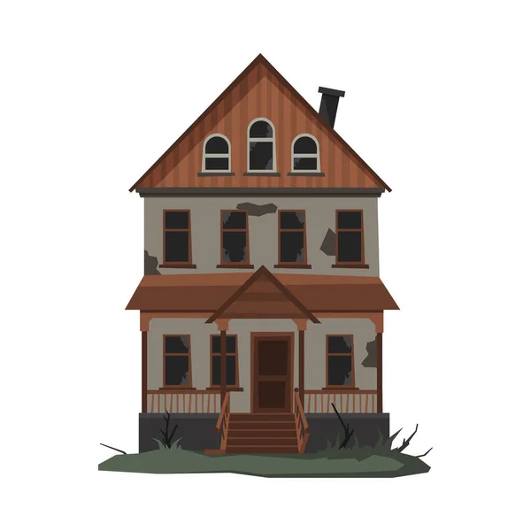 Assustador abandonado casa, Halloween assombrado dois Storey edifício com quebrado Windows Vector Ilustração em fundo branco — Vetor de Stock