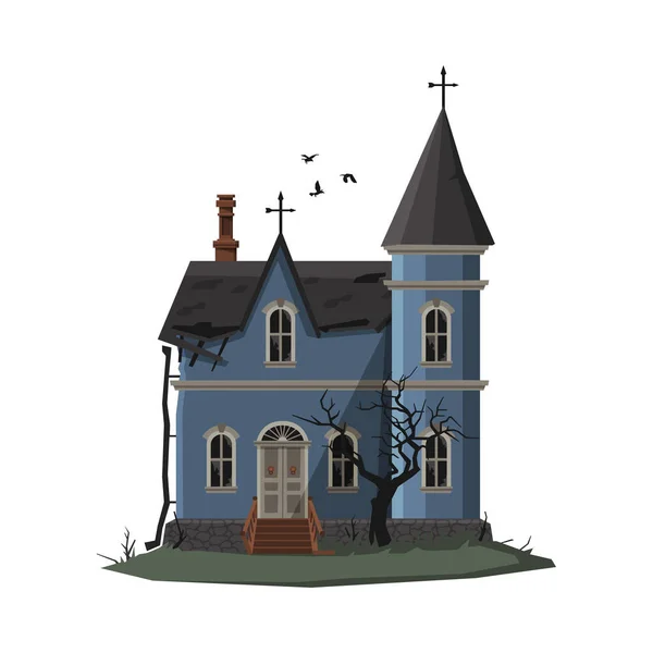 Scary Church Building, Halloween Haunted House with Crosses on Top of Roof Vector Illustration on White Background — Stock Vector