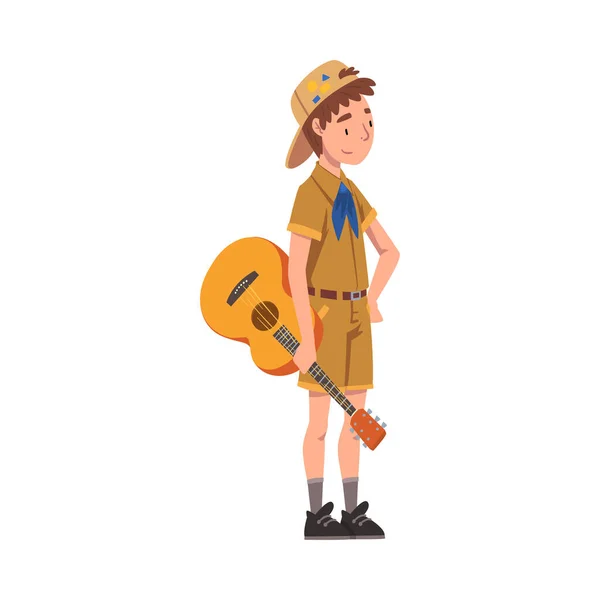 Scout Boy with Guitar, Scouting Kid Character Wearing Uniform and Neckerchief, Summer Camp Activities Vector Illustration — Stock Vector