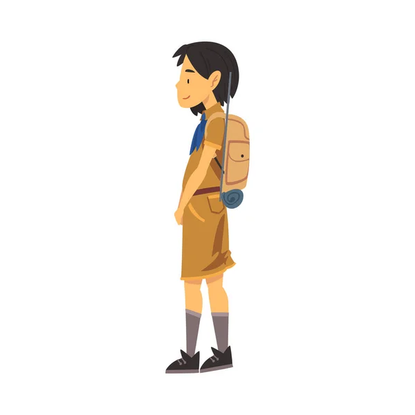 Side View of Scout Girl Standing with Backpack, Scouting Kid Character Wears Uniform and Neckerchief, Summer Camp Activities Vector Illustration — стоковий вектор