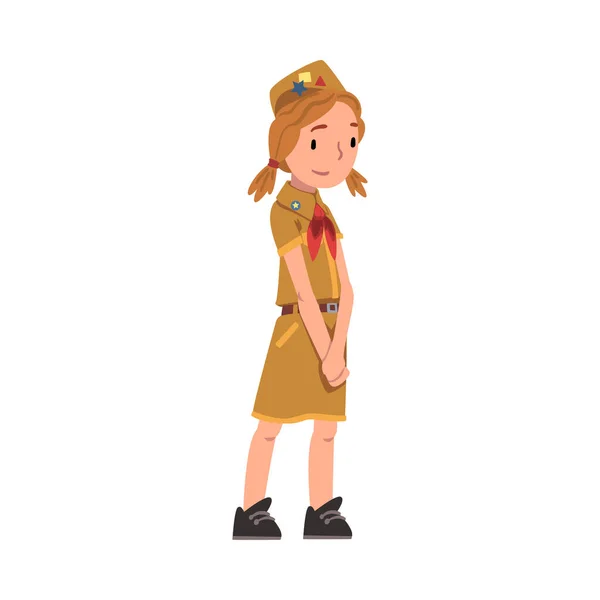 Schattig rood hoofd scout meisje, scouting kind karakter dragen uniform en rode hals, zomer kamp activiteiten Vector Illustratie — Stockvector