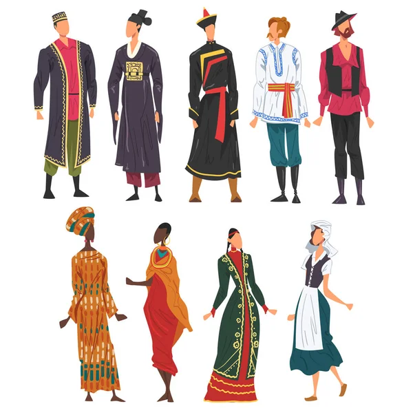 Personas en conjunto de ropa nacional, representantes masculinos y femeninos de los países en traje tradicional de la nación Dibujos animados Estilo Vector Ilustración — Archivo Imágenes Vectoriales