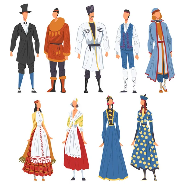 La gente en el conjunto de ropa nacional, representantes de los países en traje tradicional de la nación Dibujos animados Estilo Vector Ilustración — Archivo Imágenes Vectoriales