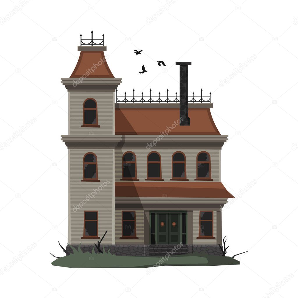 Scary House, Halloween Haunted Mansion with Birds Flying Around it Vector Illustration on White Background