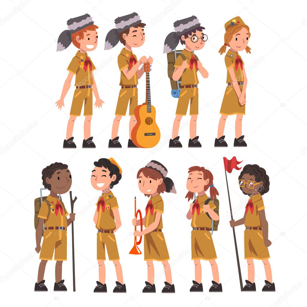 Scouts Boys and Girls Set, Scouting Kids Characters Wearing Uniform and Red Neckerchiefs, Summer Camp Activities Vector Illustration