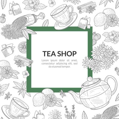 Tea Shop Banner Şablonu Metin İçin Yer, Vahşi Çiçeklerin Sağlıklı İçkileri ve Bitki Elleri Çizim Vektörü Çizimi