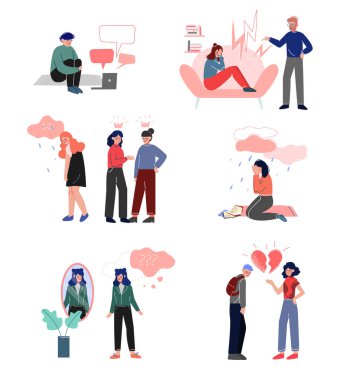 Depresyondaki Gençler Seti, Siber Kabadayılık, Ebeveynlerle Çatışma, Depresyon, Karşılıksız Aşk, Ergenlik Sorunları Vektör Resimleri