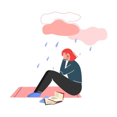 Depresyondaki Genç Kız Yağmur Bulutu Altında Oturuyor, Gençlik Öğrenme Sorunu Yaşıyor Vektör İllüzyonu