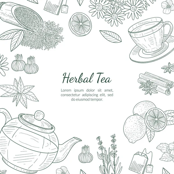 Templat Herbal Tea Banner, Kafe, Menu Restoran atau Toko Teh Gambar Tangan Rancangan Vektor - Stok Vektor