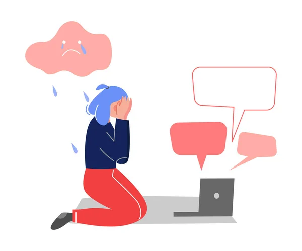 Депрессивная плачущая девочка-подросток сидит на полу с ноутбуком в окружении пузырьков сообщений, кибер-запугивания, подростковых проблем полового созревания концепция векторной иллюстрации — стоковый вектор