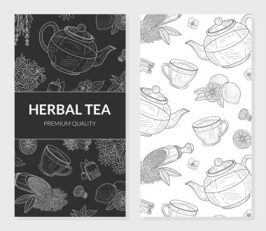 Bitkisel Çay Kartı, Kafe, Restoran Menüsü veya Tea Shop Tasarım Elemanı, Flyer, Sertifika, Davetiye Kartı, Banner Şablon Vektör İllüstrasyonu
