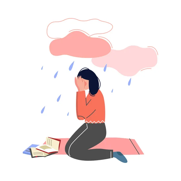 Adolescente déprimée assise sous le nuage de pluie, fille ayant des problèmes d'apprentissage Illustration vectorielle — Image vectorielle