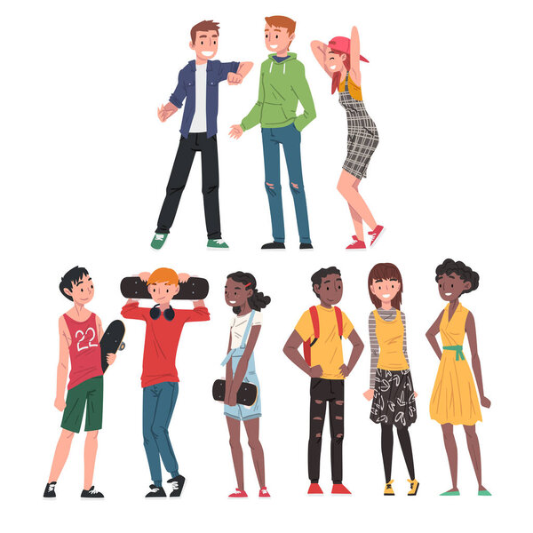 Счастливые подростки, веселые мальчишки-подростки и девчонки в модной одежде, счастливые ученики, друзья или друзья - вектор стиля мультфильмов