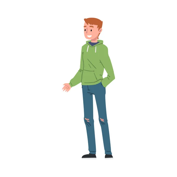 Leende tonåring pojke bär tröja och slet Jeans, skolpojke, student, klasskamrat eller vän positiv karaktär tecknad stil vektor illustration — Stock vektor