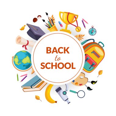 Okul Afiş Şablonu, Okul Malzemeleri Yuvarlak Şekil Çizgi Filmi Vektör Resimleri.