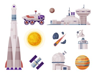 Space Objects Set, Rocket, Shuttle, Rover, Artificial Satellite, Observatory, Space Industry Concept Vector Illustration clipart