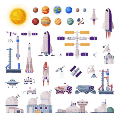 Space Objects Collection, Rocket, Shuttle, Rover, Artificial Satellite, Observatory, Spaceport, Space Industry Concept Vector Illustration clipart