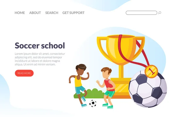 Voetbal School Landing Page Template, School Kinderen Sport Activiteit, Voetbal Academie, Junior Toernooi Website Cartoon Vector Illustratie — Stockvector