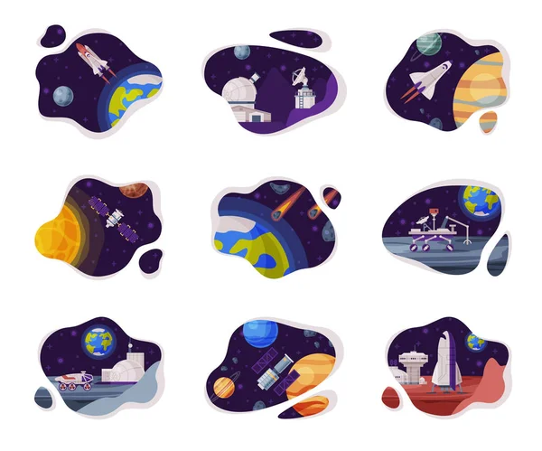 Space Scenes Set, Cosmos Industry Exploration Concept Themed Vector Illustration Backgrounds — 스톡 벡터