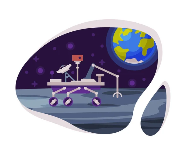 Espaço Rover na Lua Cena de Superfície, Veículo Robótico Autônomo, Conceito de Exploração da Indústria Espacial Vetor Temático Ilustração Fundo —  Vetores de Stock