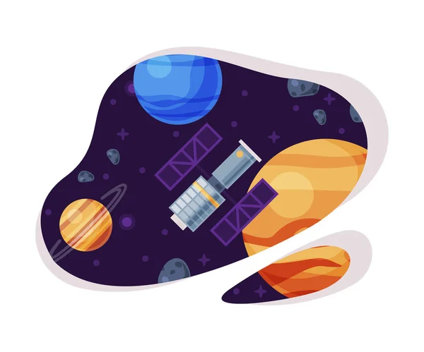 Space Landscape with Artificial Space Satellite, Cosmos Industry Exploration Concept Themed Vector Illustration Background — Stockový vektor