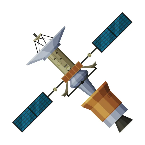 Satélite espacial artificial, Exploración del Cosmos, Astronáutica y Tecnología Espacial Tema Ilustración plana de vectores sobre fondo blanco — Archivo Imágenes Vectoriales