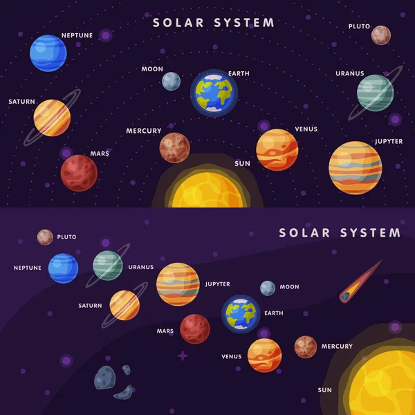 Sistema Solar Banner Set, Tierra, Saturno, Mercurio, Venus, Tierra, Marte, Júpiter, Saturno, Urano, Neptuno, Plutón, Planetas Lunares en la Galaxia Universo Vector Ilustración — Vector de stock