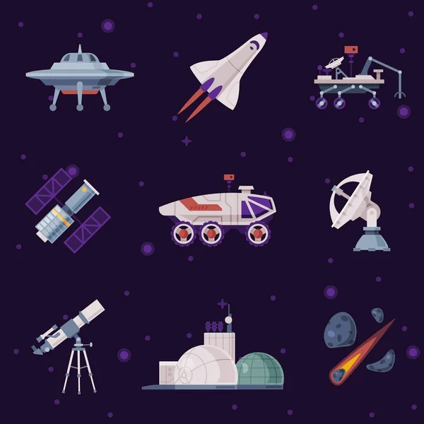 Space Objects Set, Cosmos Exploration, Space Industry Concept, Rocket, Rover, Konstgjord satellit, Observatorium, Vektor Illustration — Stock vektor