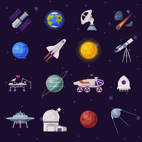 Ruimteobjecten Set, Cosmos Exploratie, Ruimtevaartindustrie Concept, Raket, Rover, Kunstmatige Satelliet, Ufo, Planeten Vector Illustratie — Stockvector