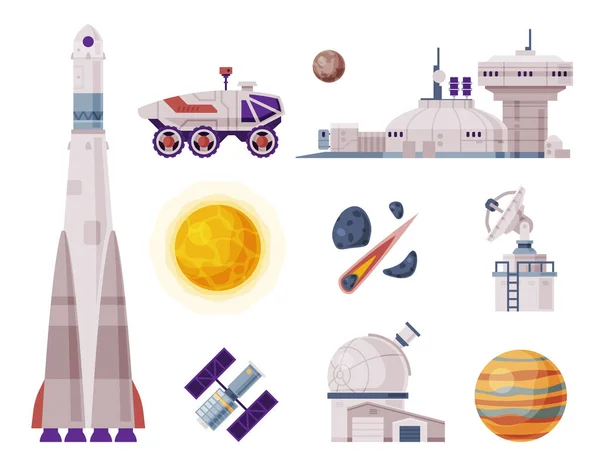 Set van ruimteobjecten, Raket, Shuttle, Rover, Kunstmatige Satelliet, Observatorium, Concept Vector Illustratie van de ruimtevaartindustrie — Stockvector