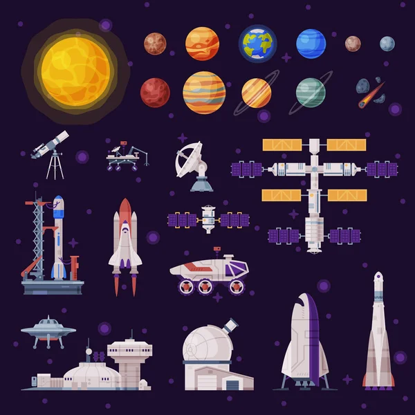 Verzameling van ruimtelichamen, Planeten van het Zonnestelsel, Raket, Shuttle, Rover, Kunstmatige Satelliet,, Concept van de ruimtevaartindustrie Vector Illustratie — Stockvector