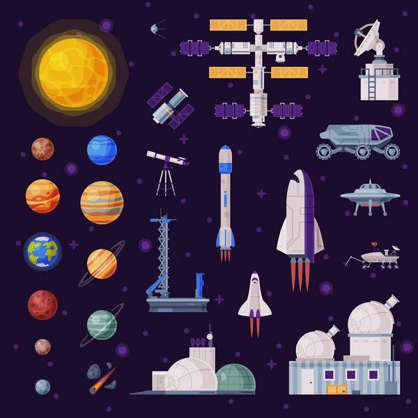 Colección de Objetos Espaciales, Planetas del Sistema Solar, Cohete, Shuttle, Rover, Satélite Artificial, Observatorio, Puerto Espacial, Ilustración del Concepto de la Industria Espacial — Archivo Imágenes Vectoriales