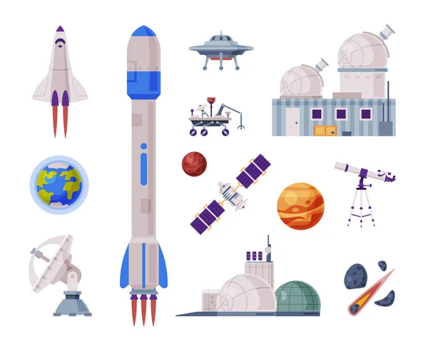 Juegos de Objetos Espaciales, Cohete, Shuttle, Rover, Satélite Artificial, Observatorio, Concepto de Industria Espacial Ilustración Vectorial — Vector de stock