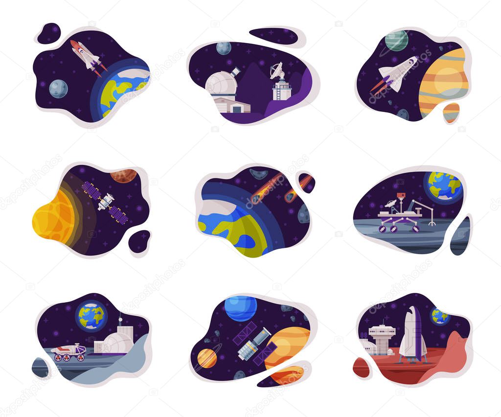 Space Scenes Set, Cosmos Industry Exploration Concept Themed Vector Illustration Backgrounds