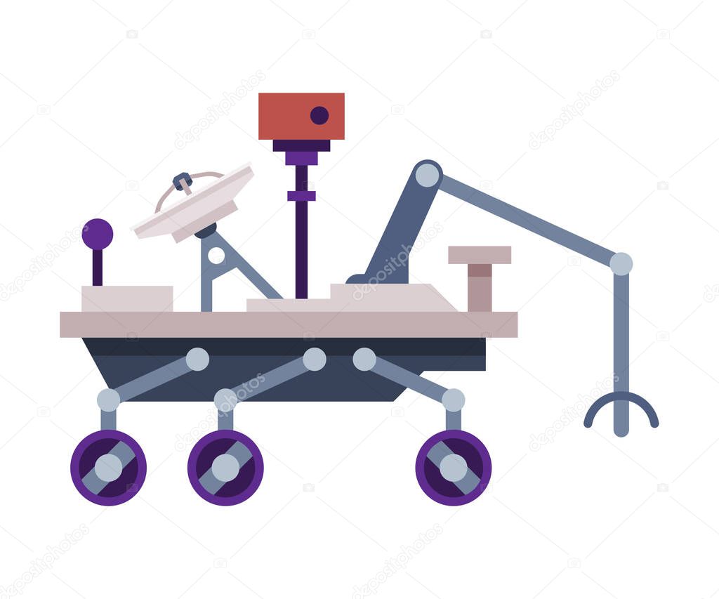 Space Rover, Robotic Autonomous Vehicle for Mars or Moon Exploration Flat Style Vector Illustration on White Background