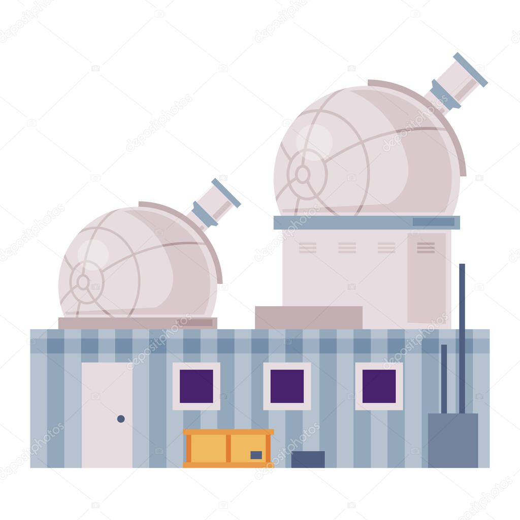 Observatory Building with Telescope in Dome, Explore and Observe Galaxy and Space Technologies Flat Style Vector Illustration