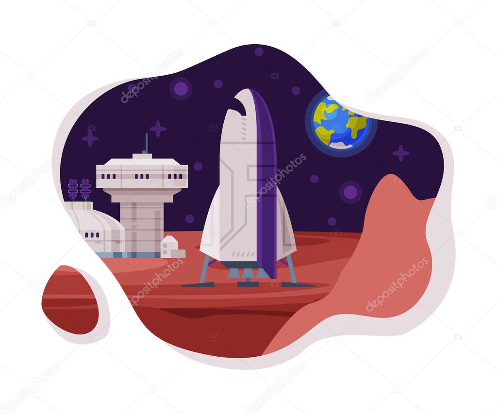 Colonization of Planet Scene, Science Station and Spaceship, Cosmos Industry Exploration Concept Themed Vector Illustration Background