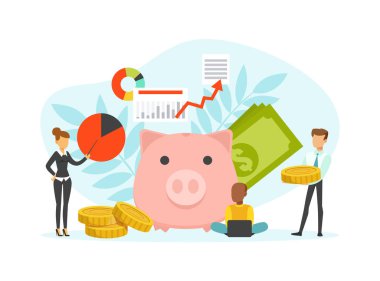 Tiny Business People ve Big Piggy Bank, Finans Yatırım ve Planlama Konsepti, Muhasebe ve Denetleme Servisi Flat Vector Illustration
