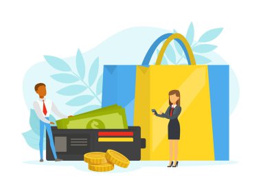 İnsan Alışverişi, Büyük Alışveriş Torbaları, Çevrimiçi Alışveriş, E-Ticaret Konsepti Flat Vector Illustration
