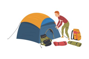 Kamp Çadırı 'nda Dinlenen Adam, Erkek Turist Doğa Yürüyüşü, Yaz Macerası Çizgi Film Stili Vektör Çizimi