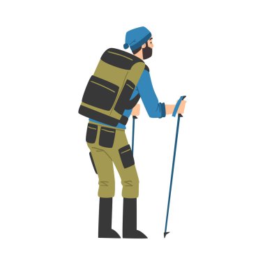 Erkek Turist Karakteri Doğa Yürüyüşü, Sırt Çantası ve Trekking Çubukları, Yaz Macerası Çizgi Film Stili Vektör Çizimi