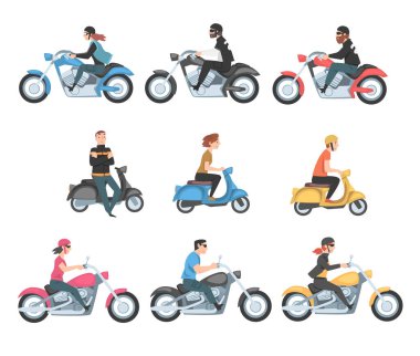 Motosiklet süren insanlar ve scooterlar seti, İki Tekerlekli Taşımacılık Konsepti Çizgi Film Stili Vektör İlülasyonu