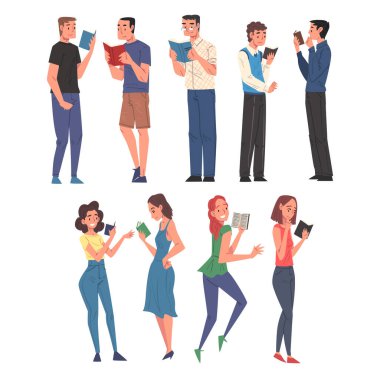 İnsanlar Sette Dururken Kitap Okurken, Genç Erkek ve Kadın Karakterleri Sınava Hazırlanırken, Kitap Aşıkları, Edebiyat Hayranları Çizgi Roman Tarzı Vektör Çizimi