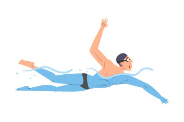 Erkek Sporcu Yüzme Havuzu 'nda Yüzüyor, Mayo Giyiyor, Su Faaliyetleri Yapıyor, Su Yüzme Sporu Çizgi Filmi Tarzı Çizim Yönetmeni İllüzyonu
