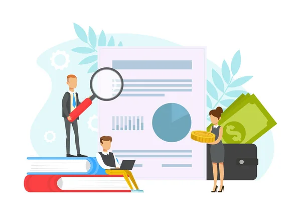 Business People Looking Through Magnifying Glass di Payment Document, Budget Planning Concept, Accounting and Auditing Service Flat Vector Illustration - Stok Vektor