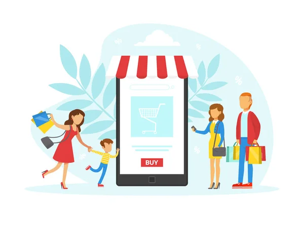 Tiny Klienci Zamawianie i zakup towarów przy użyciu smartfona, Zakupy online, Koncepcja e-commerce Flat Vector Ilustracja — Wektor stockowy