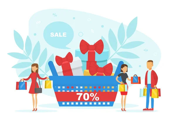 Personnes Shopping, Petits clients avec d'énormes sacs à provisions et des boîtes-cadeaux, achats en ligne, E-commerce Concept Flat Vector Illustration — Image vectorielle